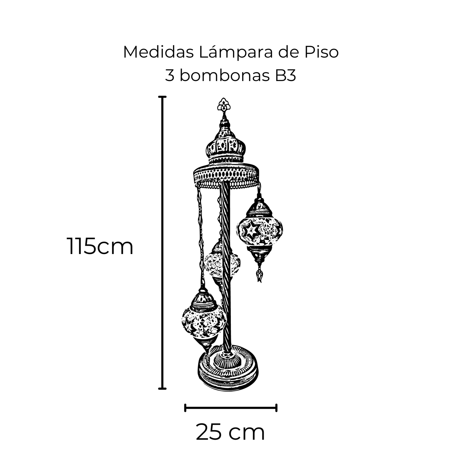 Lámpara Turca de Piso con 3 bombonas cristales elegible al gusto