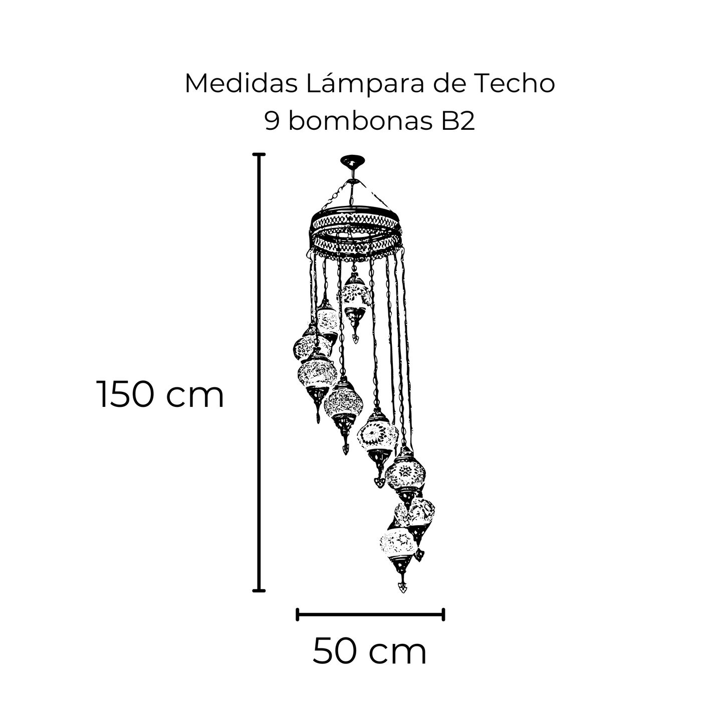 Lámpara Turca de Techo 9 Bombonas cristales elegibles al gusto